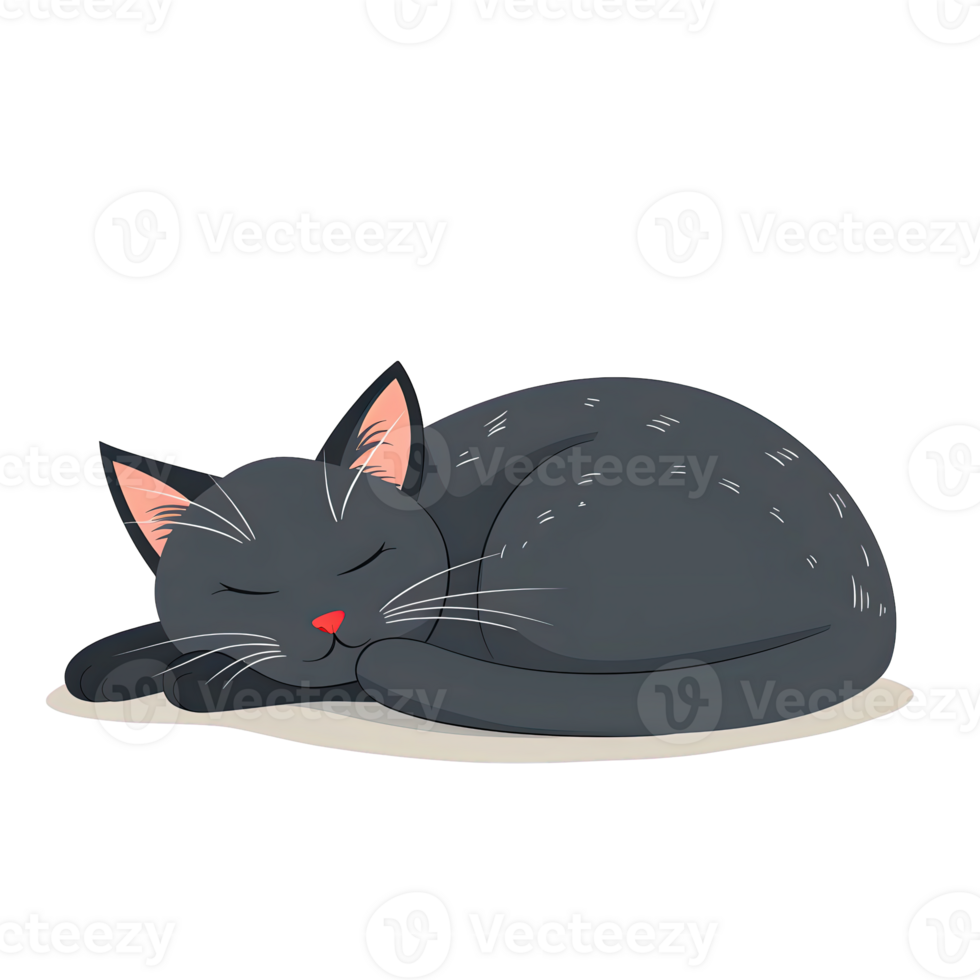 cute black cat peacefully sleeps curled up on transparent background, showcasing its relaxed and serene demeanor. illustration highlights cat soft fur and delicate features. png
