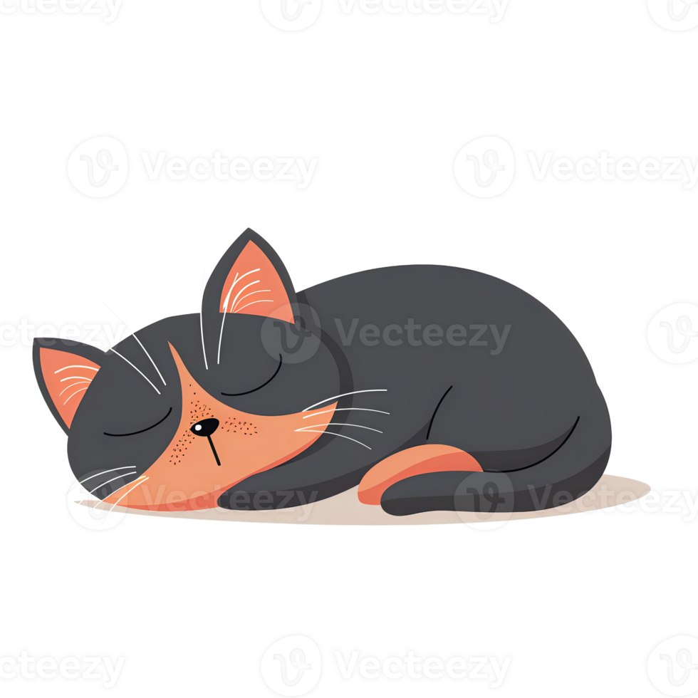 cute black cat peacefully sleeping curled up on light shadow, illustrated on transparent background, evoking calm and warmth. png