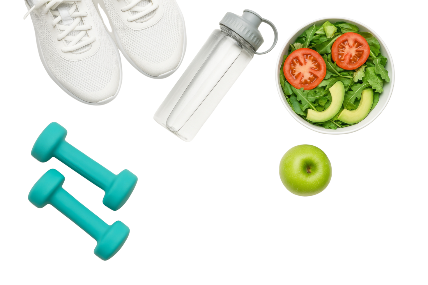 Health and fitness theme featuring running shoes dumbbells a water bottle salad and apple png