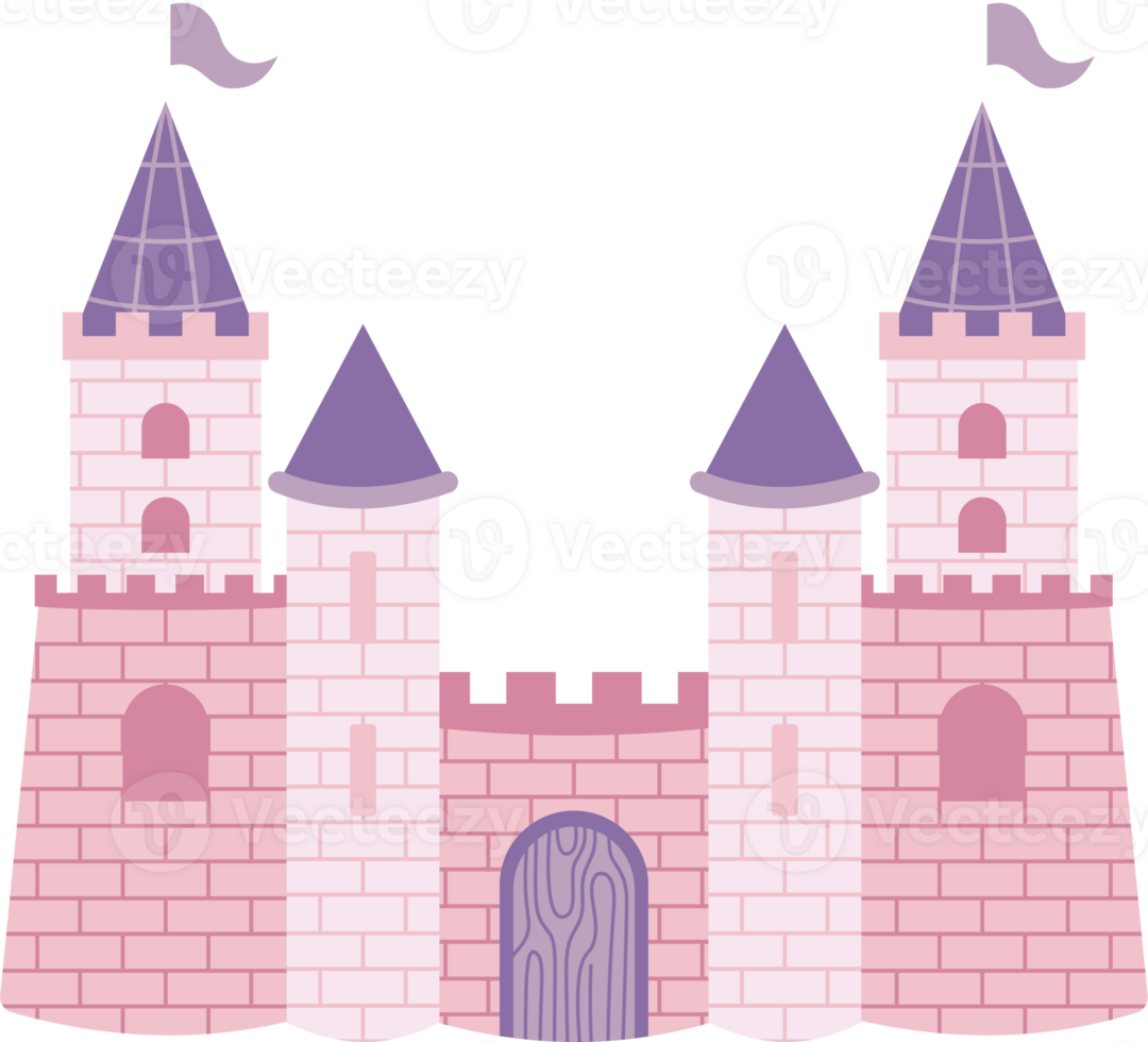 cute pink castle with purple roof and flags png