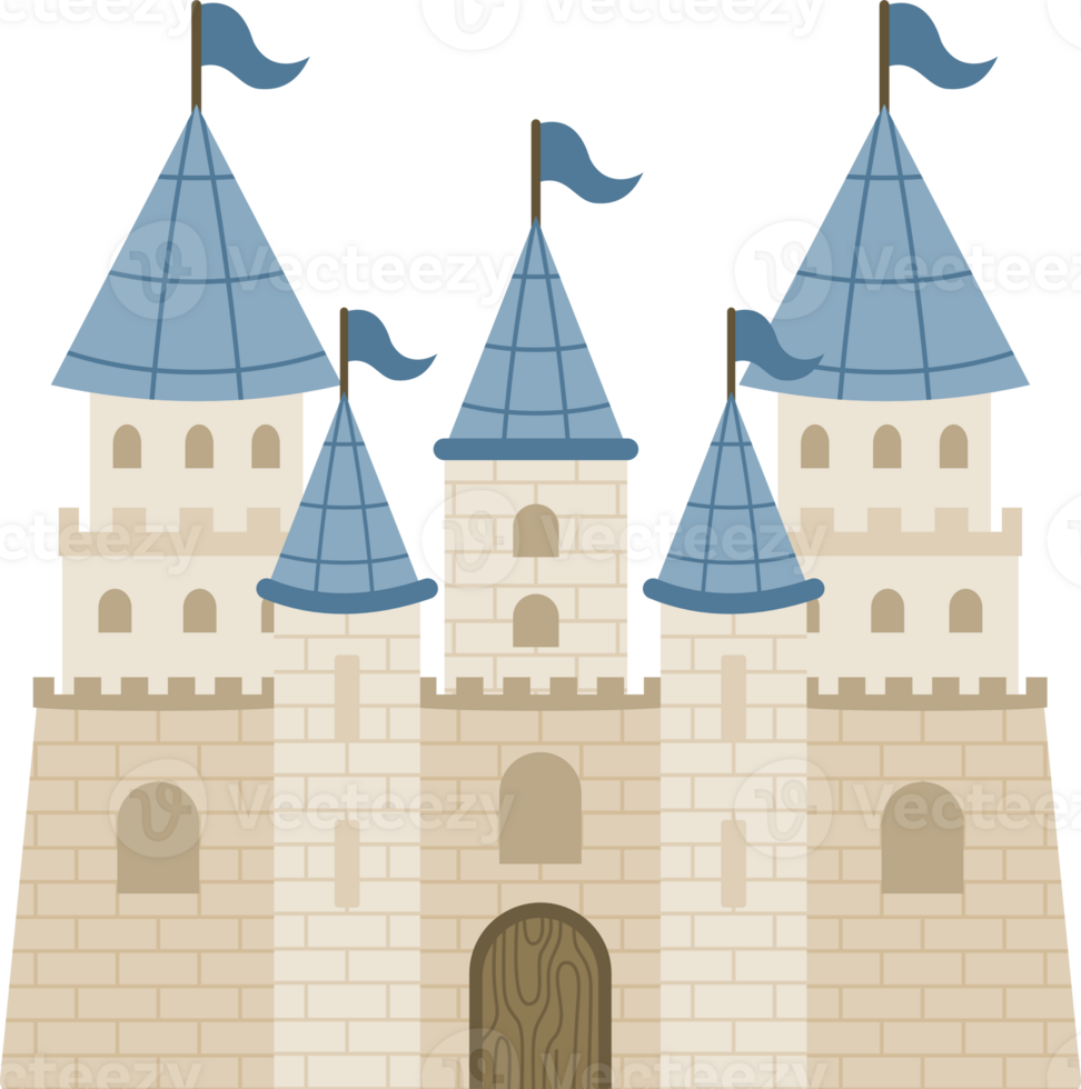 cute castle with blue roof and flags png