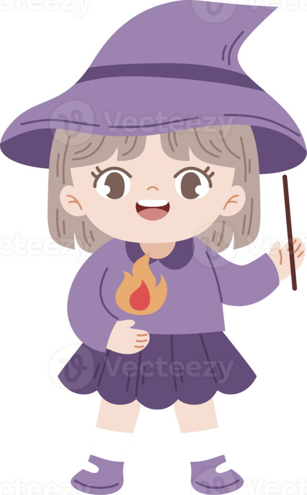 cute witch character holding magic wand and fire png
