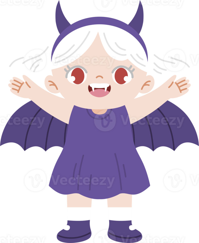 cute kid wear purple bat costume for halloween png