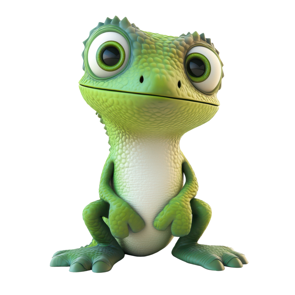 Friendly green cartoon lizard character with large eyes and playful expression png