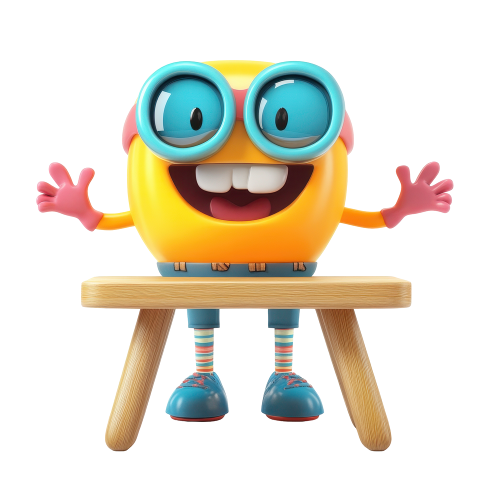 Colorful cartoon character with big glasses joyfully sitting at a wooden table in a playful environment png