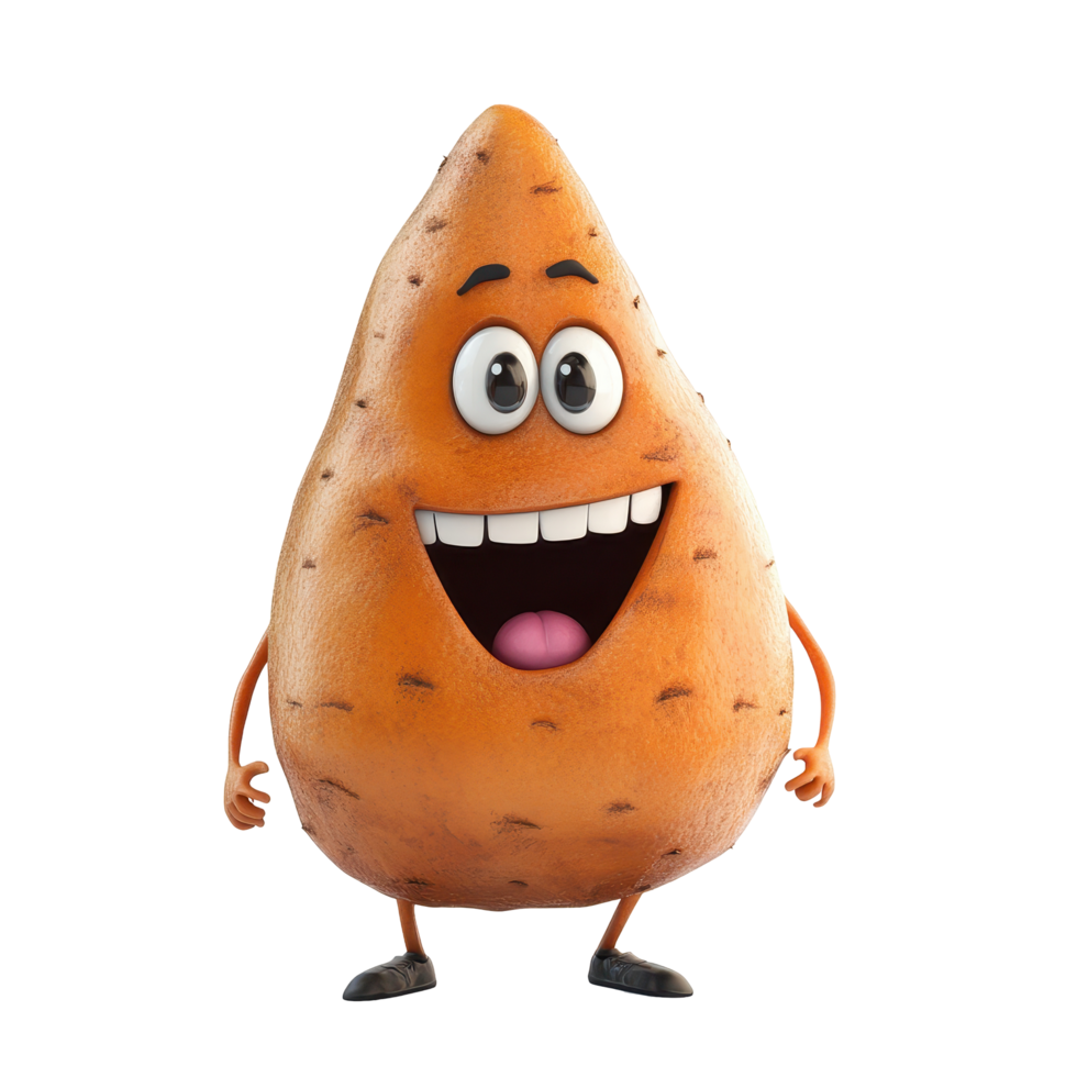 Character with a big smile representing a sweet potato, designed for a fun, engaging atmosphere in a playful context png