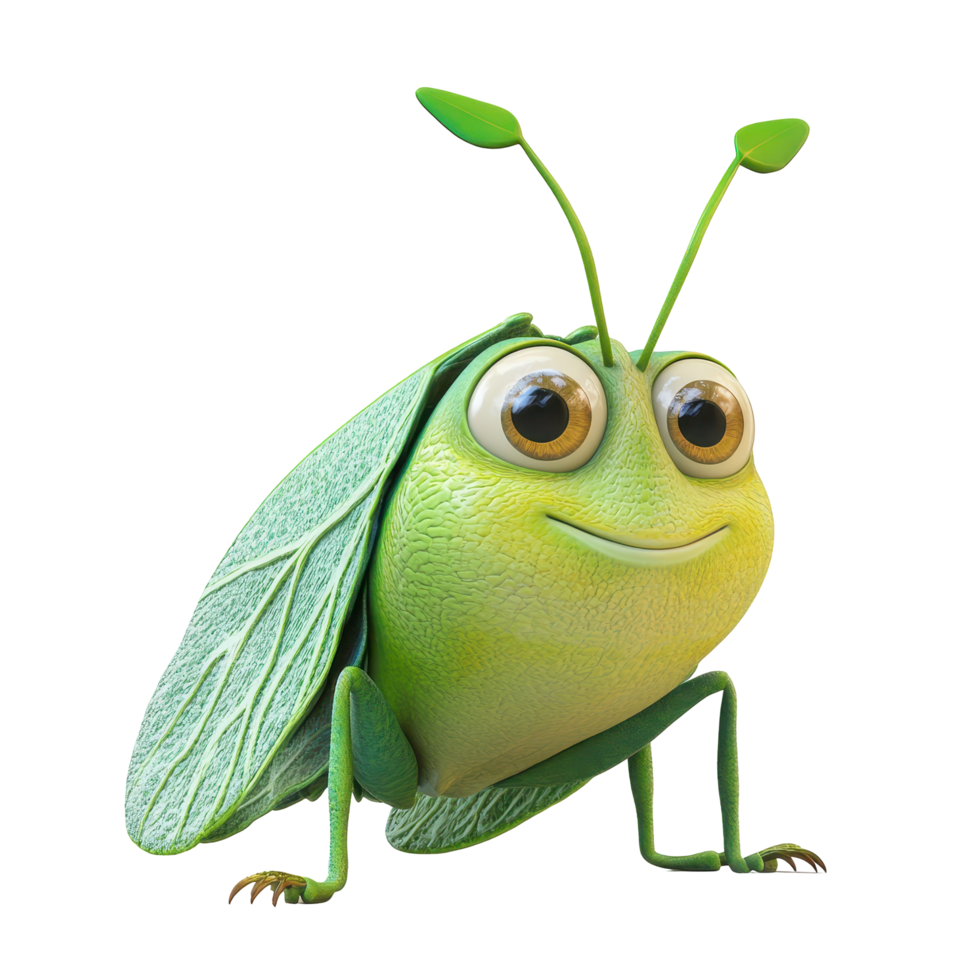Charming green insect character in a whimsical pose against a plain background showcasing its unique design and expression png
