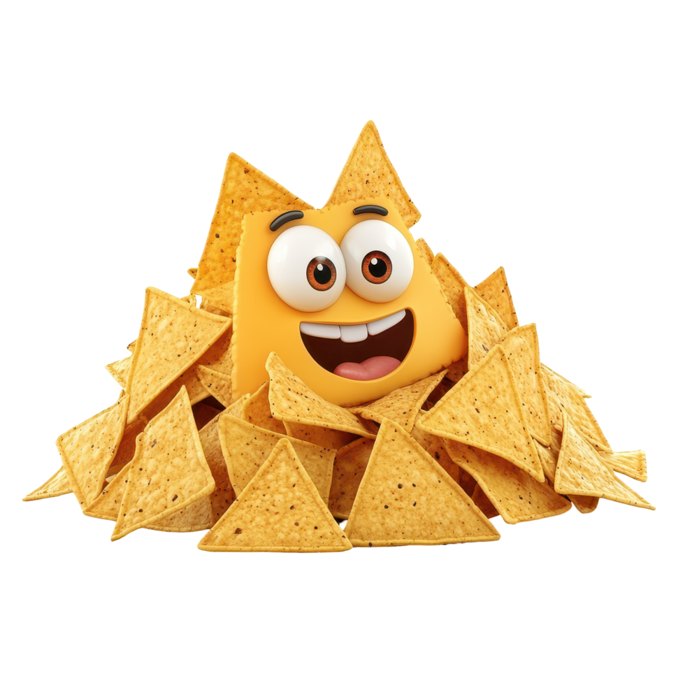 Happy cheese character surrounded by a mountain of crunchy tortilla chips for a fun snack time png