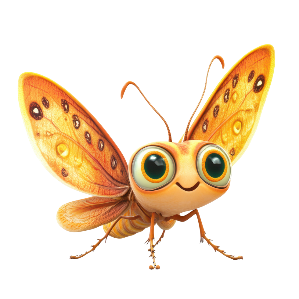 Colorful animated butterfly character with large eyes and intricate wings on a white background png