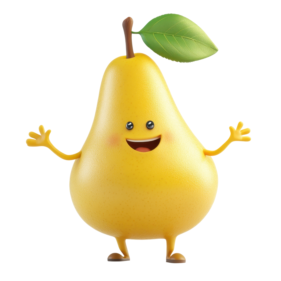 Happy cartoon pear character with arms outstretched and a smiling face, bright yellow color, and green leaf on top in a playful style png
