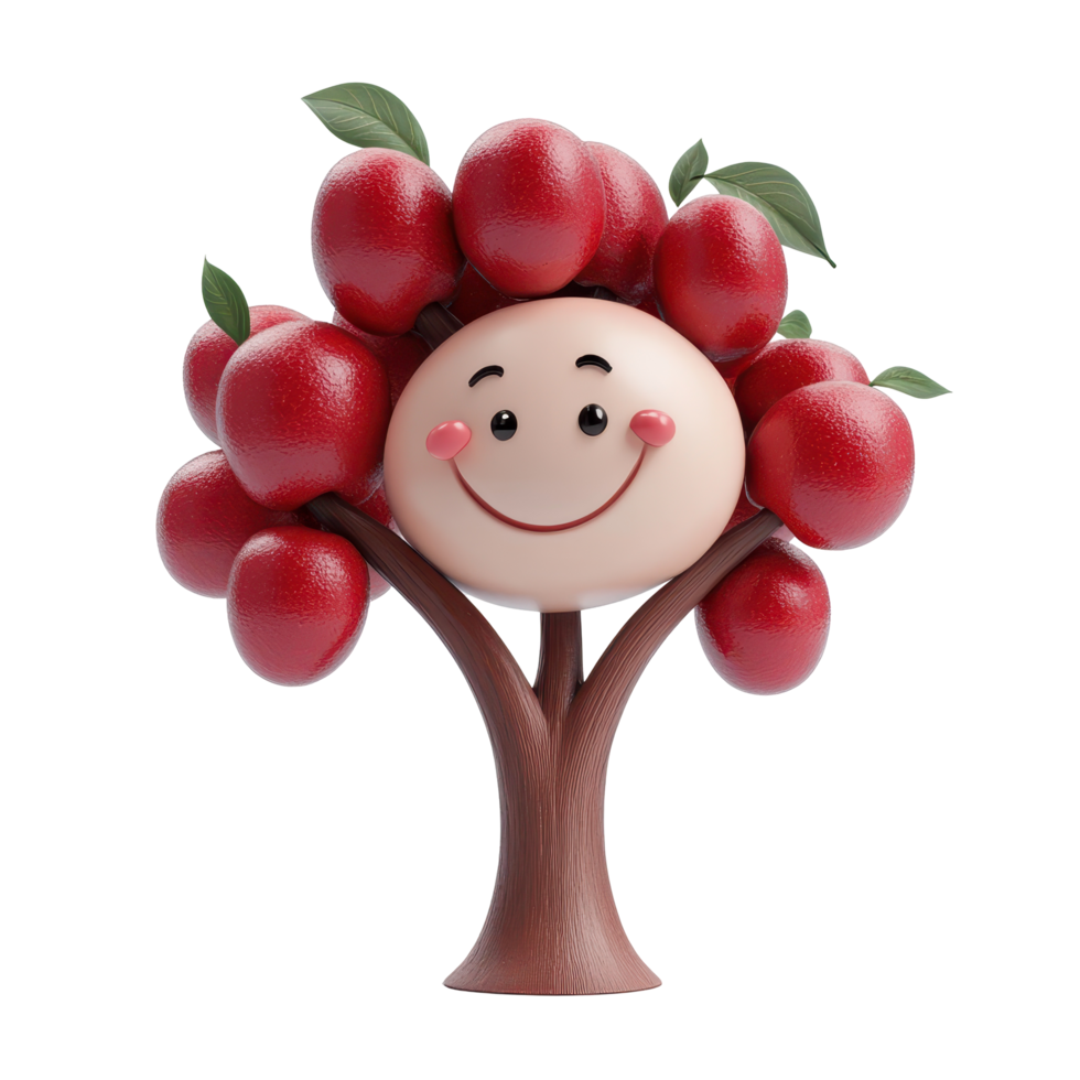Cute apple tree character with smiling face surrounded by red apples on lush green foliage png