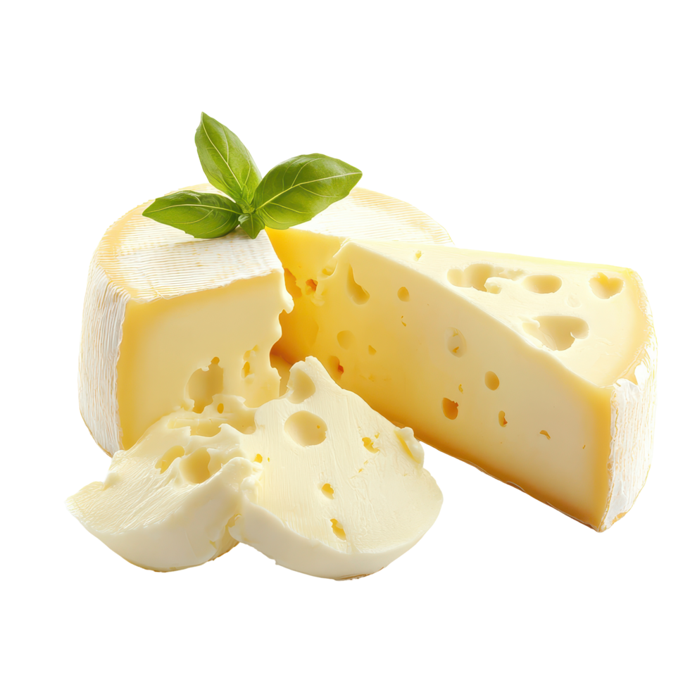 Delicious wedge of cheese with fresh basil leaf placed on top showcasing its creamy texture and holes png