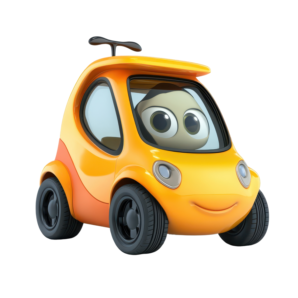Cute cartoon car with big eyes and a friendly smile parked in a colorful urban environment during daylight hours png