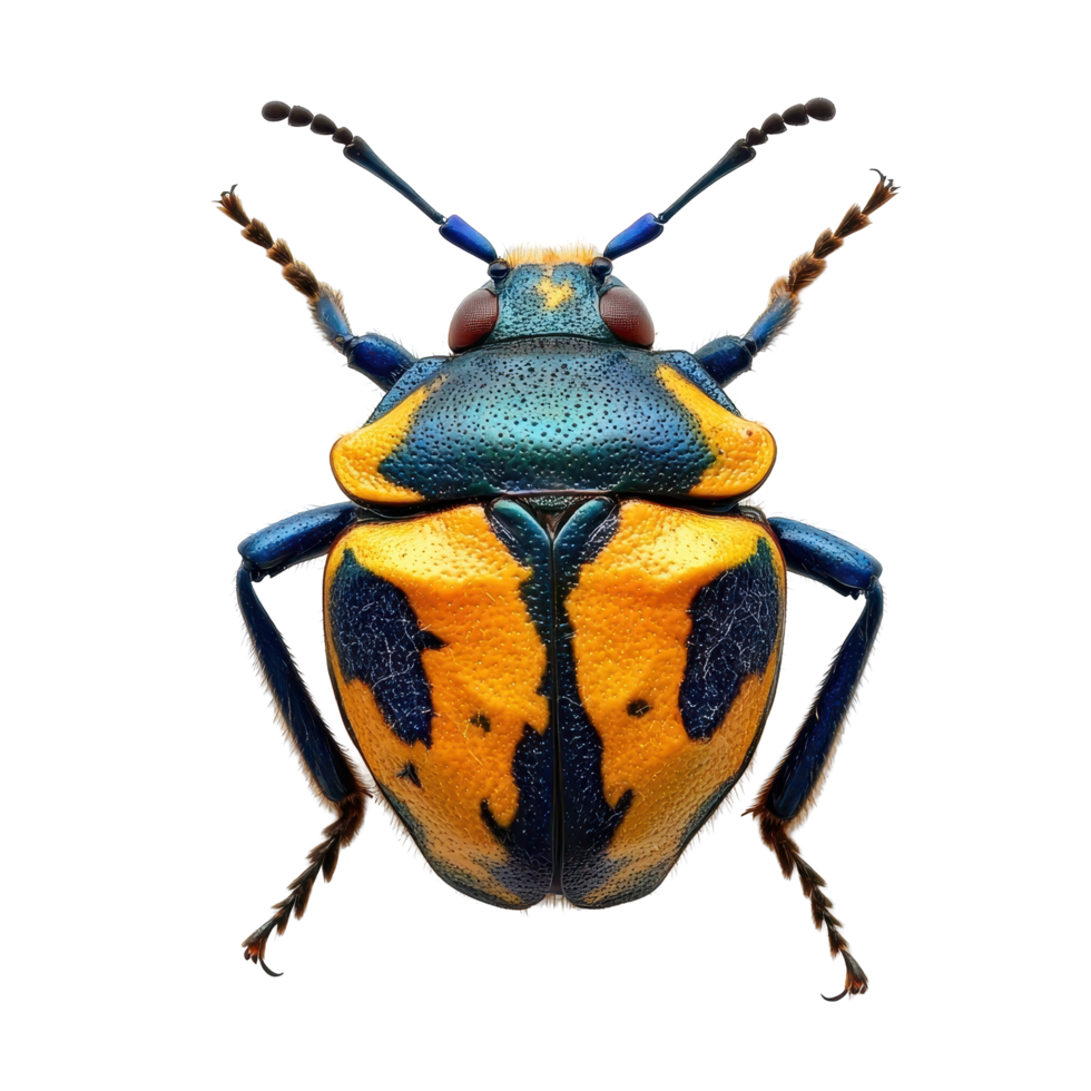 Brightly colored beetle with unique patterns captured in detail on a white background png
