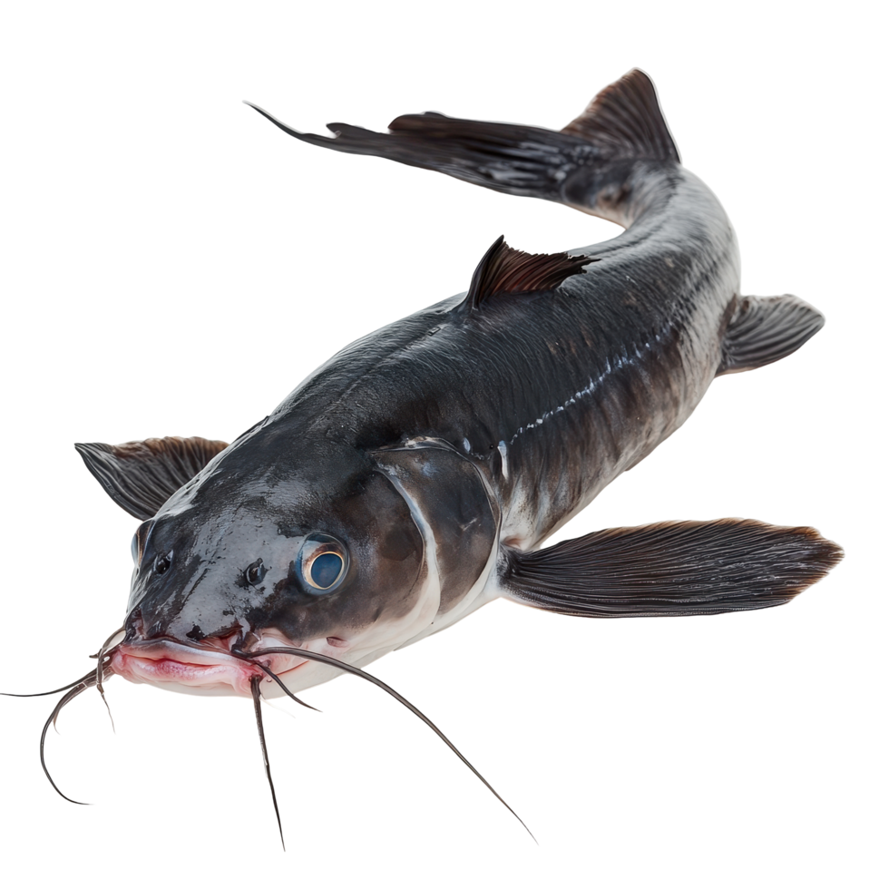 Catfish with distinctive whiskers and streamlined body is displayed on a clean surface for observation and study png