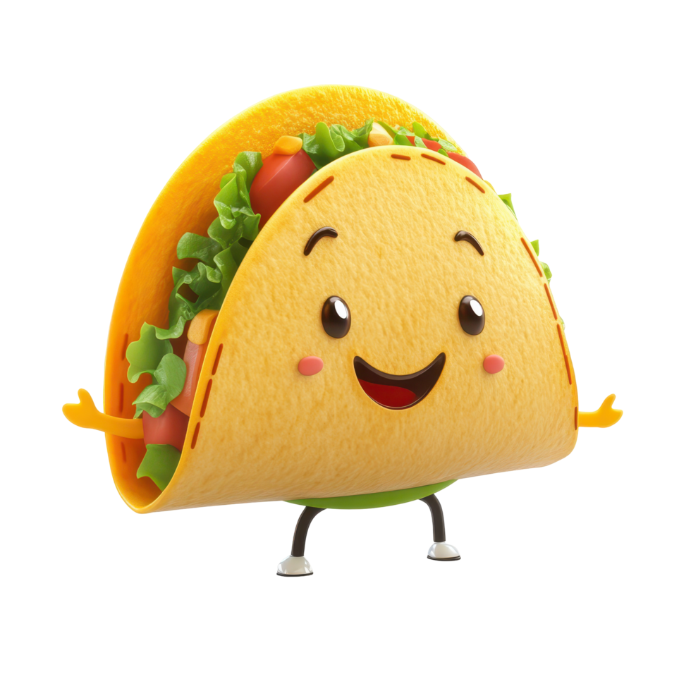 Taco character with arms and legs joyfully displays its vibrant filling in a cheerful style png