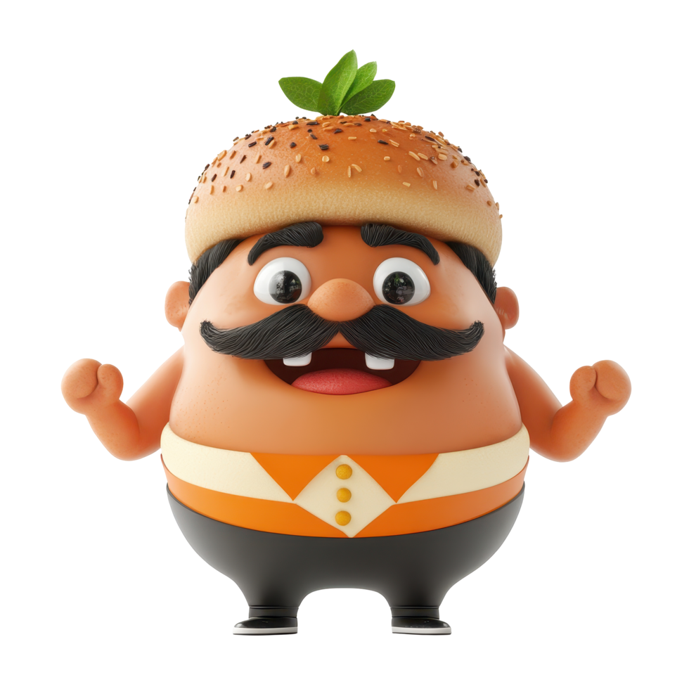 Fun burger character with a cheerful expression stands confidently in a playful cartoon style png