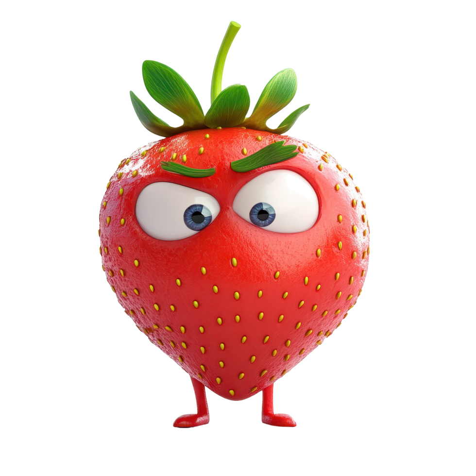 Red cartoon strawberry character with expressive eyes and arms standing proudly on a white background png