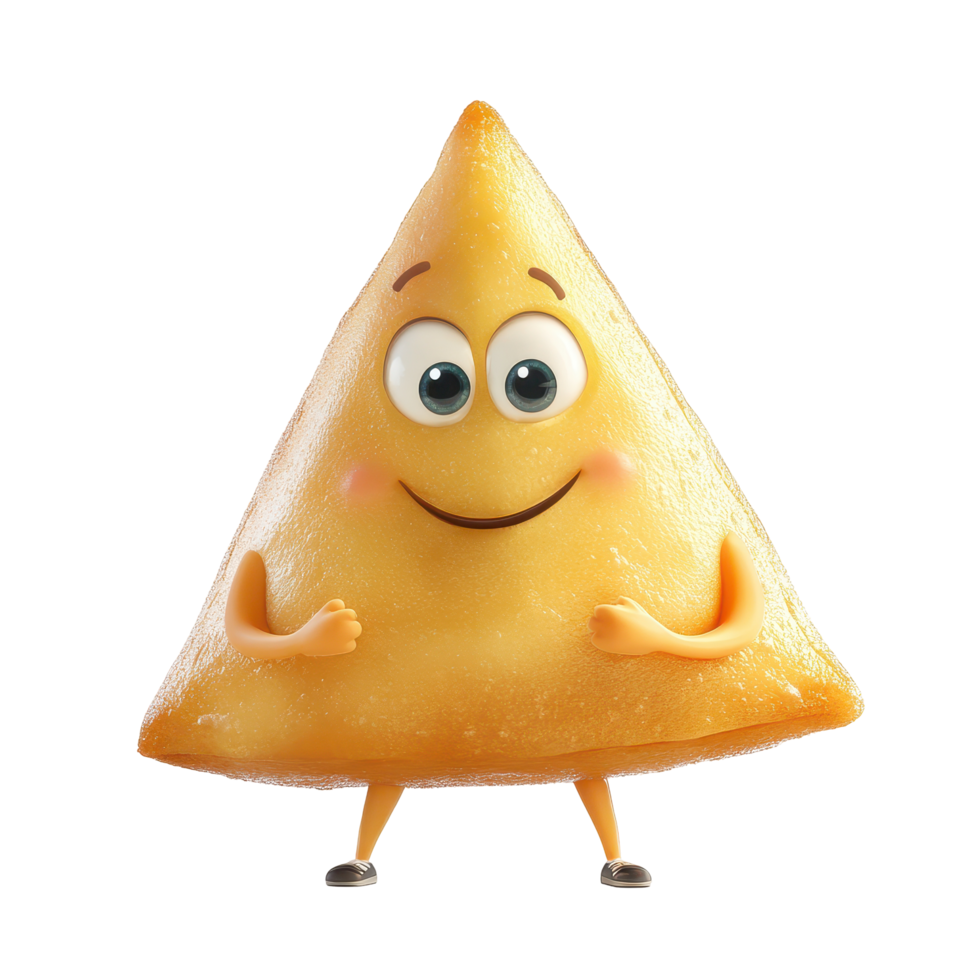 Cute anthropomorphic triangle-shaped character with a smile and arms, representing a snack or dessert in a fun setting png