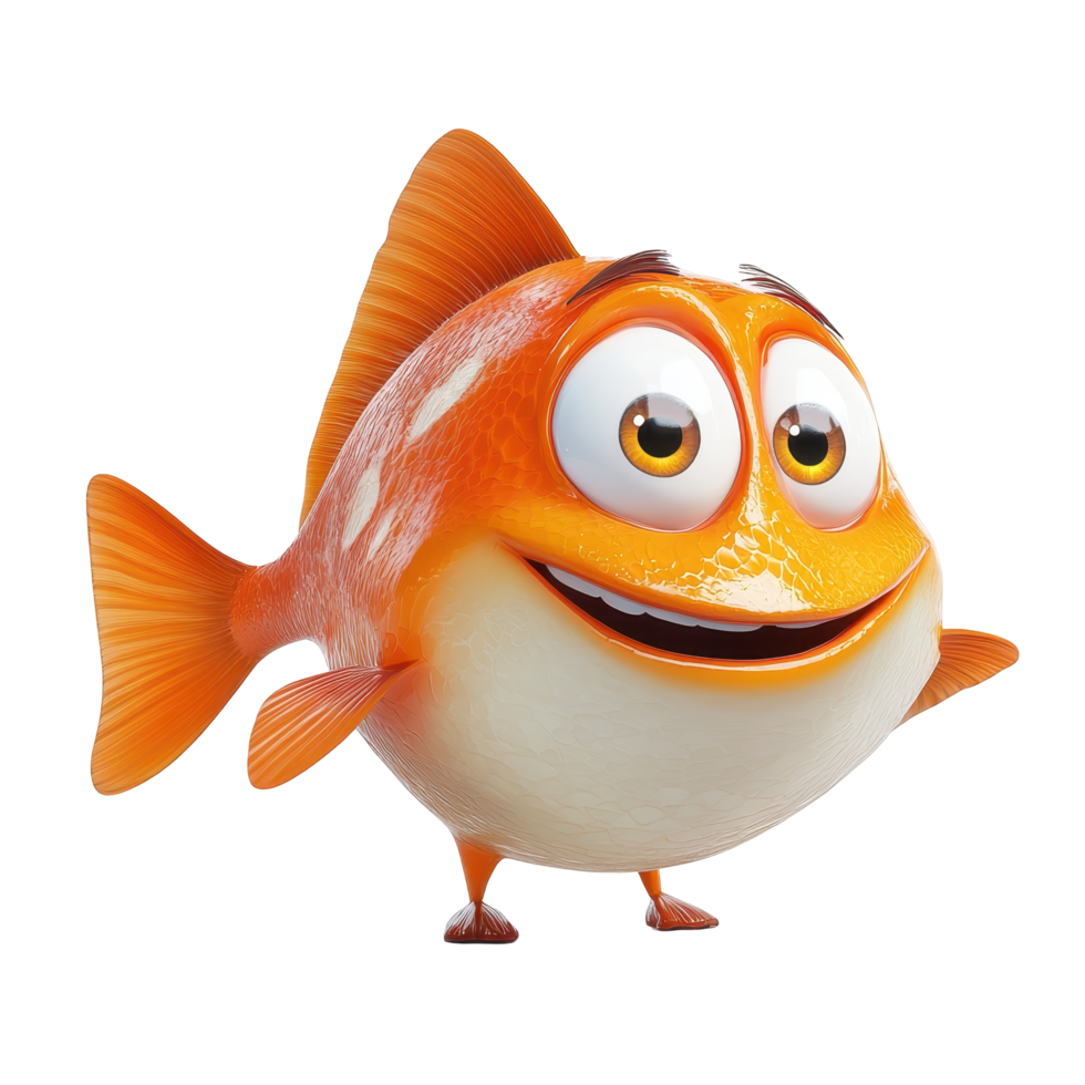 Colorful animated fish character smiling cheerfully in a playful underwater setting during bright daylight png