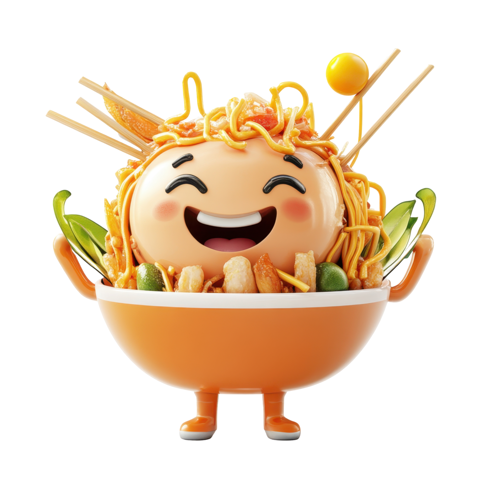 Playful bowl character with noodles and toppings in a cheerful display of creativity and fun png