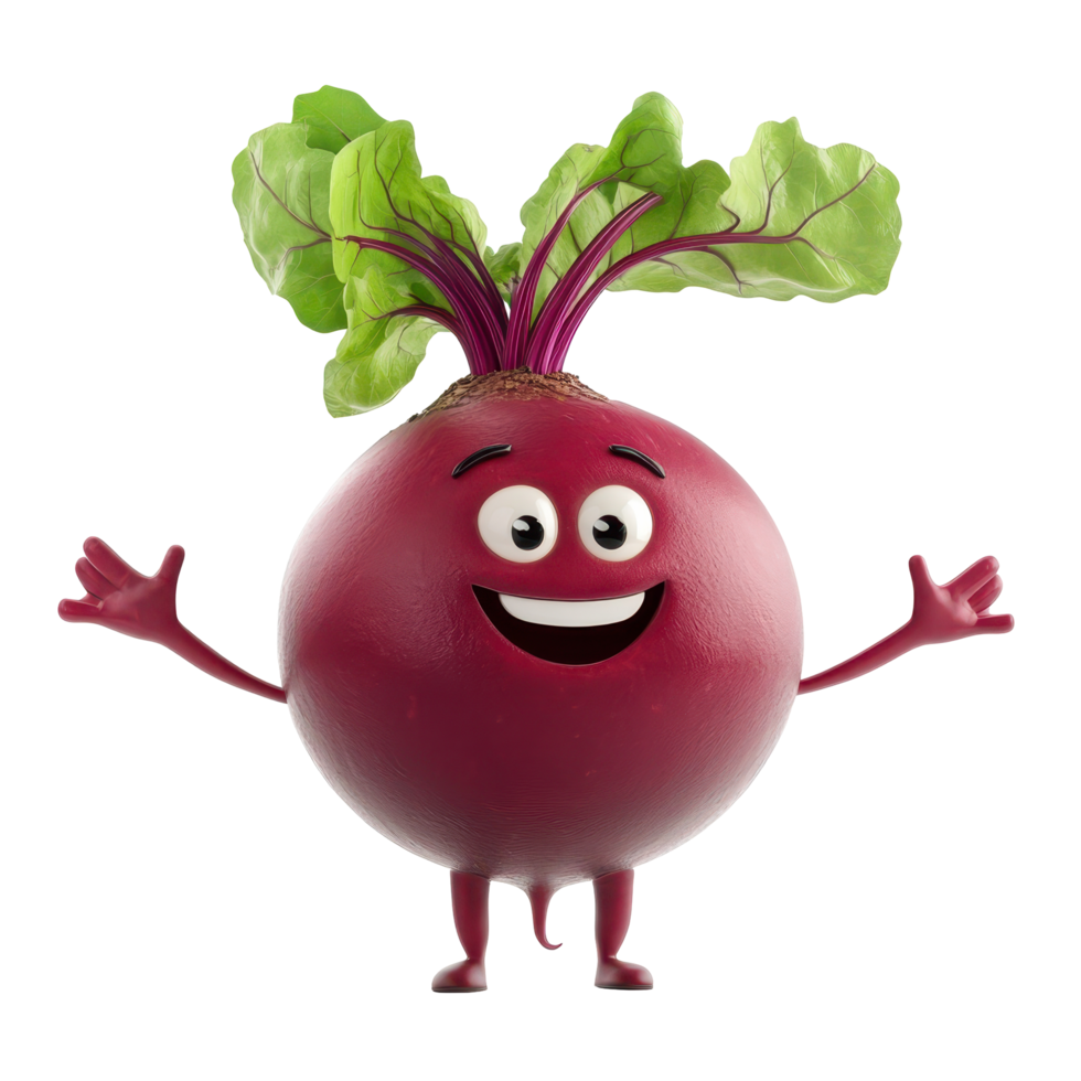 Smiling cartoon radish character with green leaves and happy expression holding hands up in a playful pose png