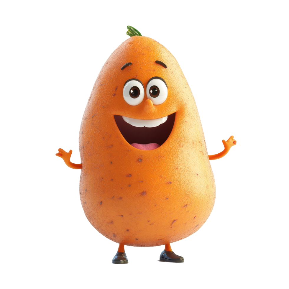 Happy animated character with a cheerful expression and bright orange color standing on a plain background png