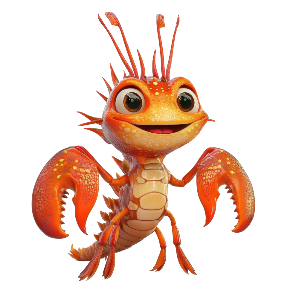 Colorful cartoon lobster character smiling with vibrant claws and expressive eyes in a playful underwater setting png