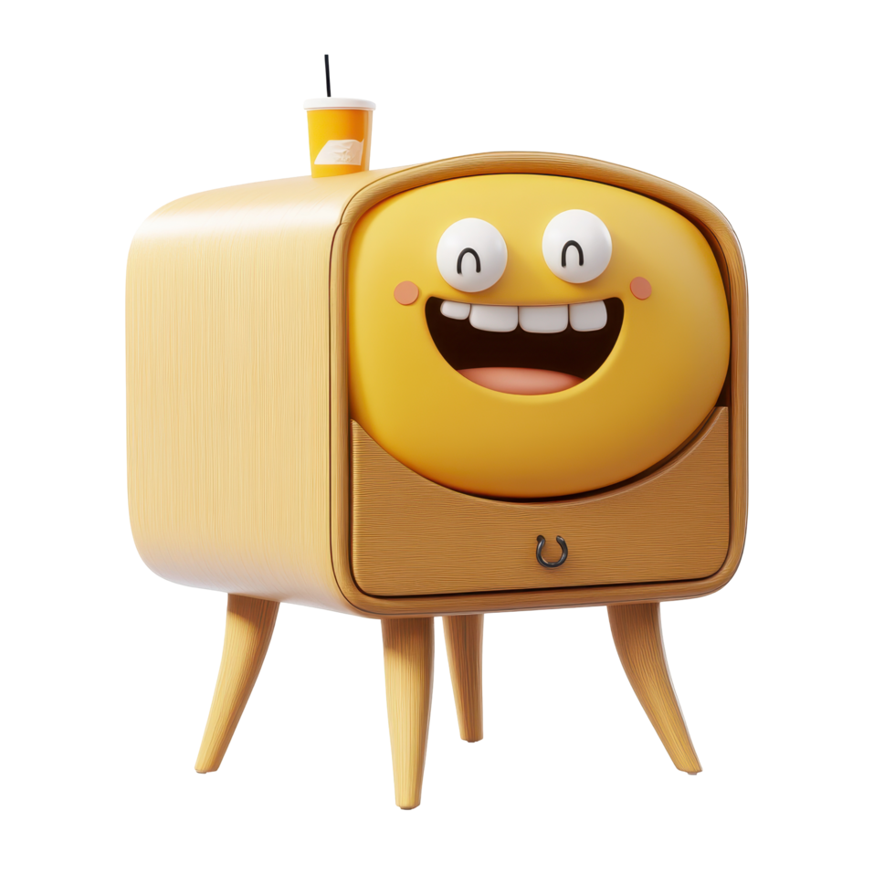 Colorful cartoon television character with a cheerful expression and a drink on top displayed in a playful setting png