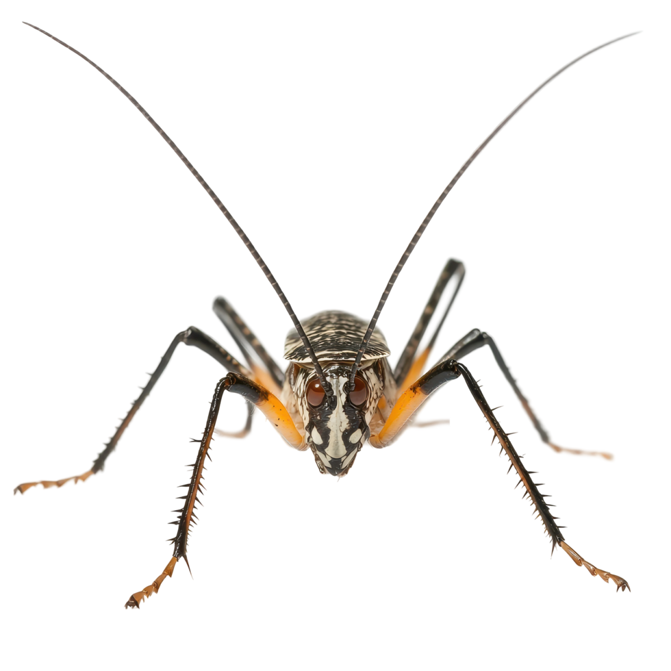 Unique close-up of a striking insect showcasing intricate details and textures on a white background png