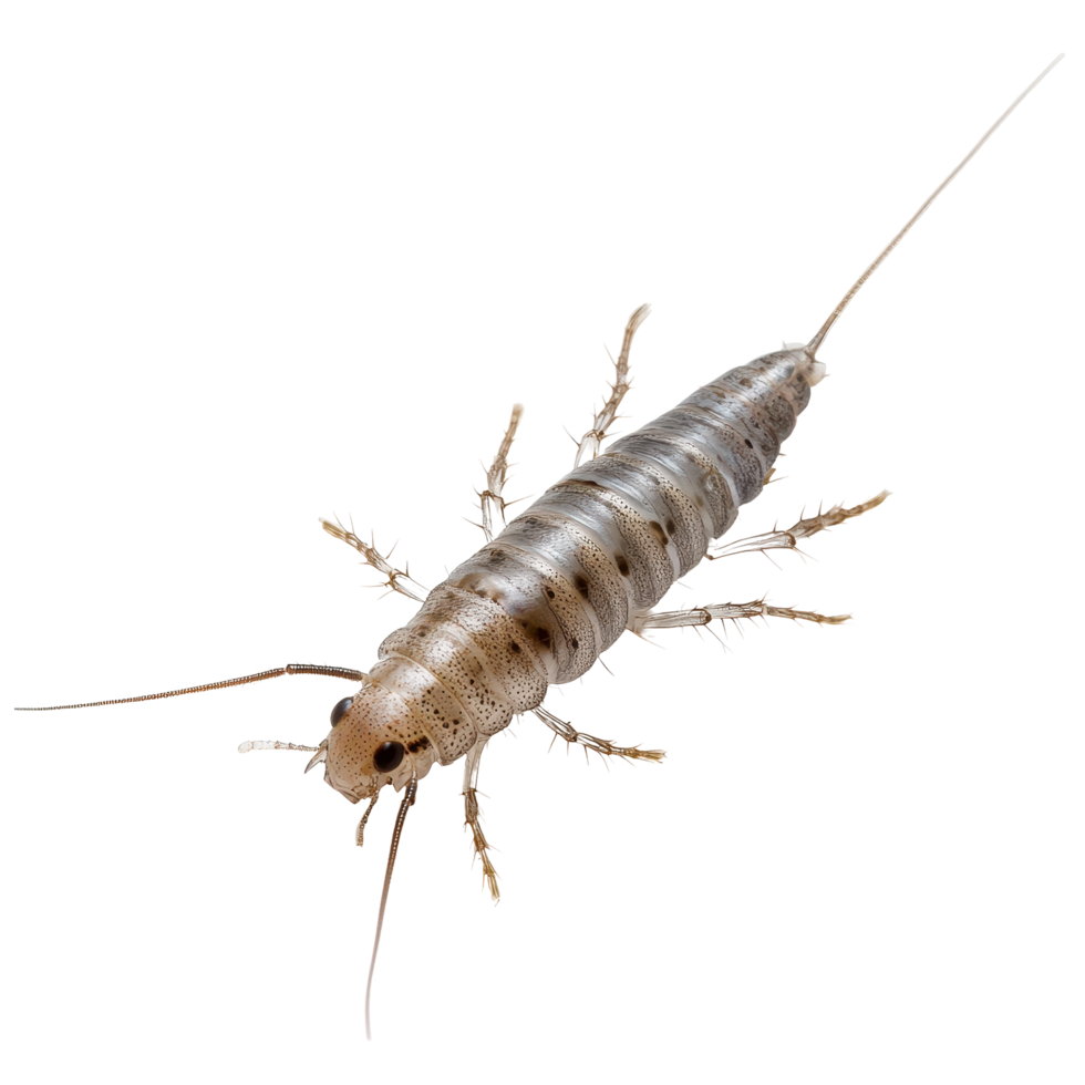 Close-up observation of a silverfish insect in a light setting displaying its delicate, elongated body and antennae png