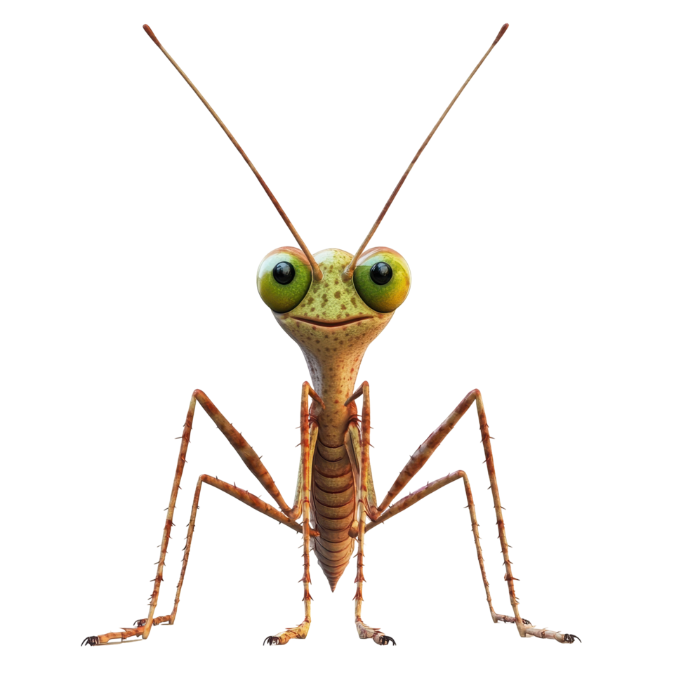 Colorful animated mantis character with large eyes and friendly expression in a whimsical style png