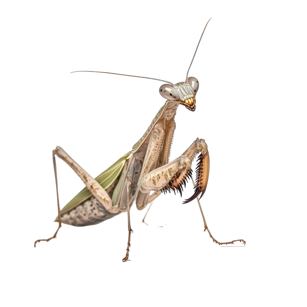 Praying mantis posed in a natural stance on a white background highlighting its unique features png