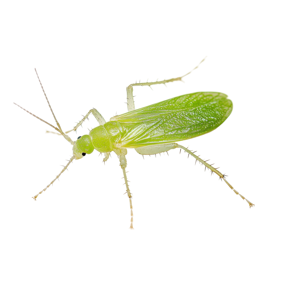 Detailed close-up of a green insect perched on a surface in natural light during daytime png