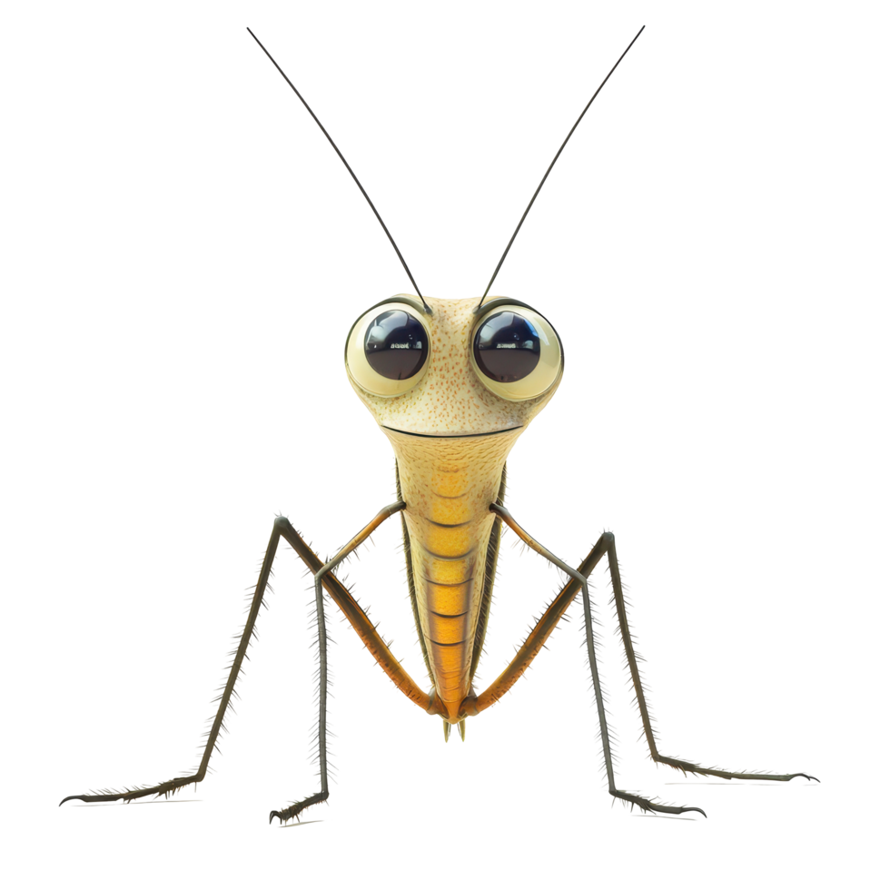 Close-up view of a cartoon grasshopper with large eyes and detailed features on a plain background png