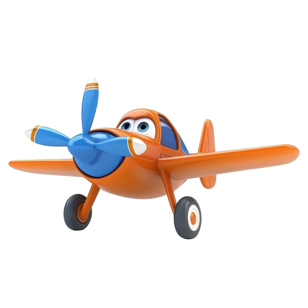 Colorful cartoon airplane flying through a bright sky with a cheerful expression png