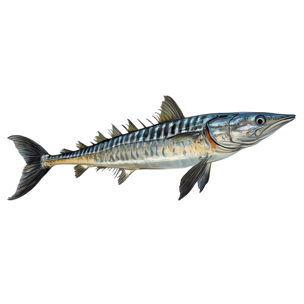 Large barracuda swimming in clear ocean waters near a coral reef during sunny weather png