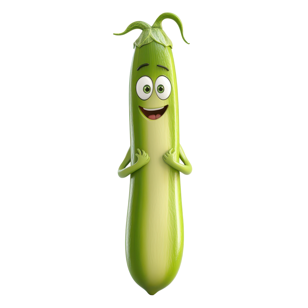 Friendly cartoon character zucchini with a big smile in a cheerful pose, promoting healthy eating habits for children png