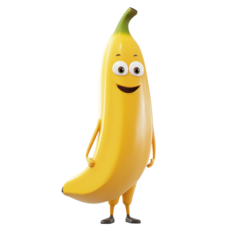 Yellow banana character with a smile standing confidently in an animated style against a simple background png