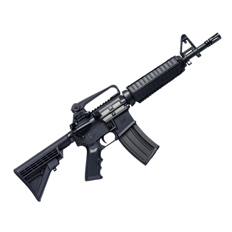 Military-style rifle showcased on a white background with detailed features clearly visible for examination and review png