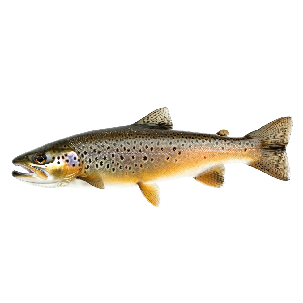 Brown trout swimming gracefully in clear water showcasing distinct markings and vibrant colors during midday in a serene freshwater environment png