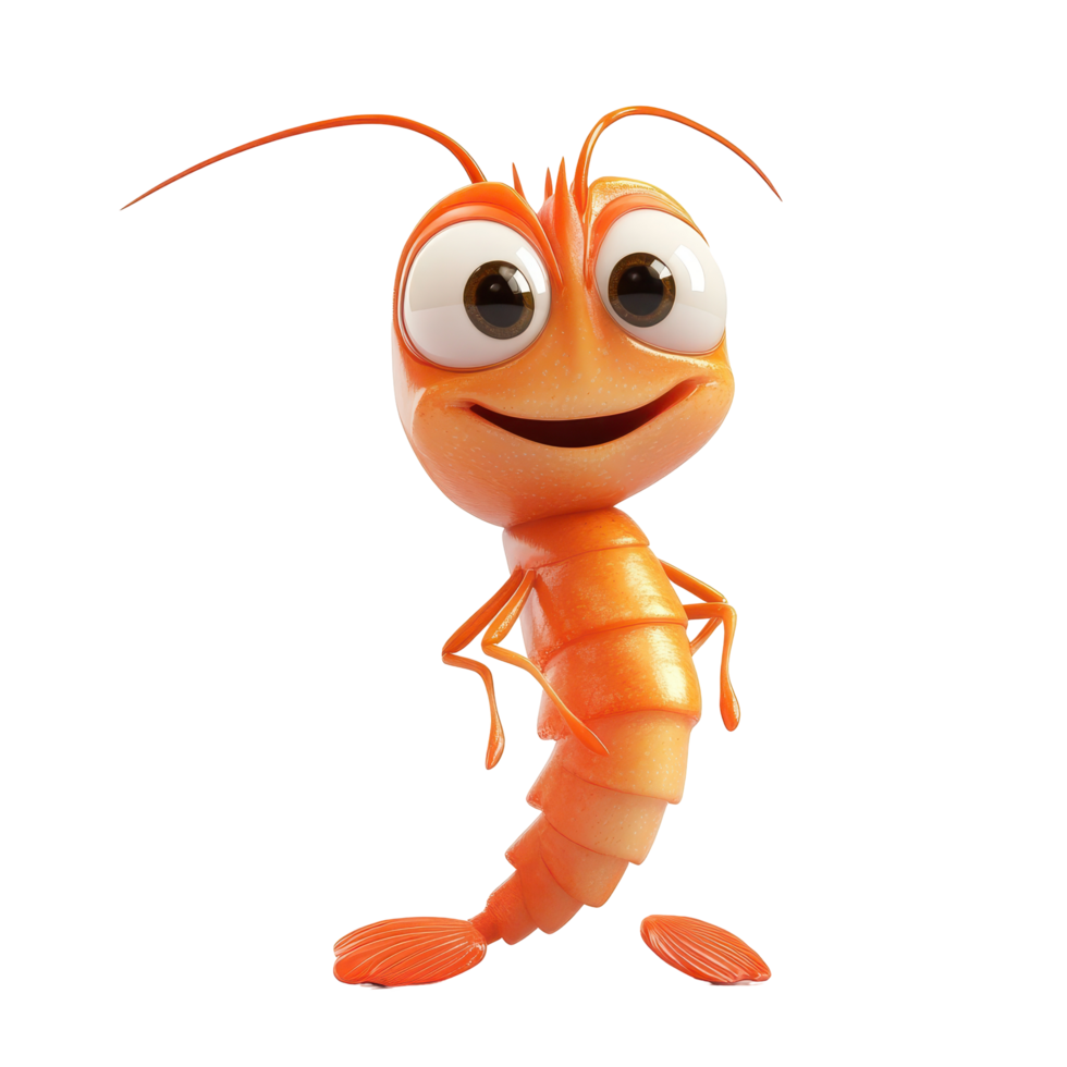 Colorful animated shrimp character standing cheerfully with big eyes and a friendly smile in a playful setting png