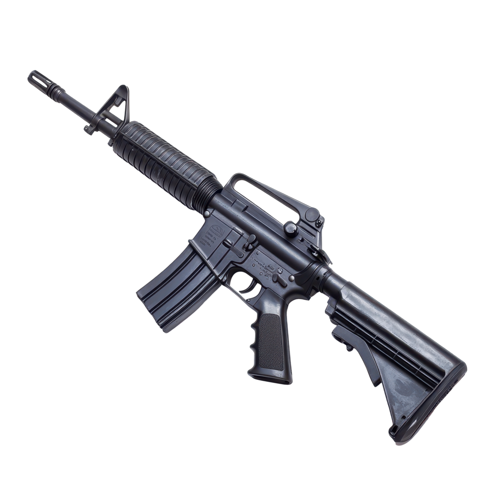 Detailed view of a modern rifle placed on a flat surface in a controlled lighting environment png