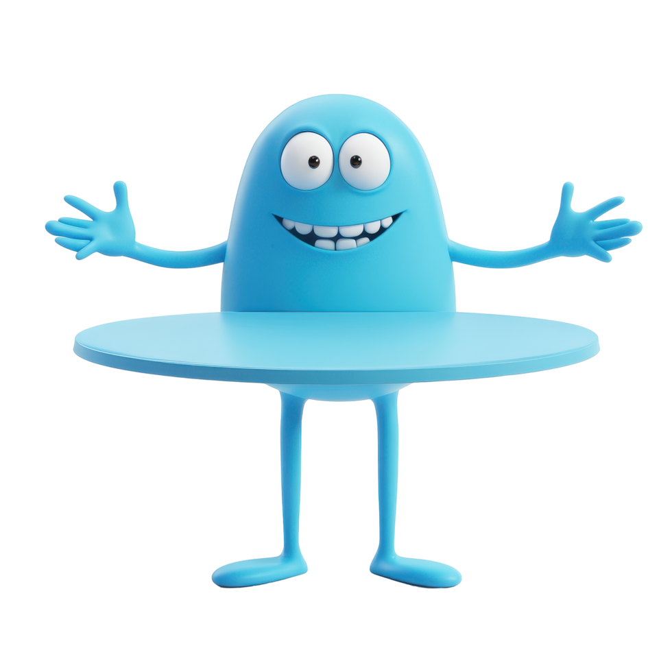Bright blue character with arms outstretched stands on a round table in a cheerful setting, inviting interaction and fun png