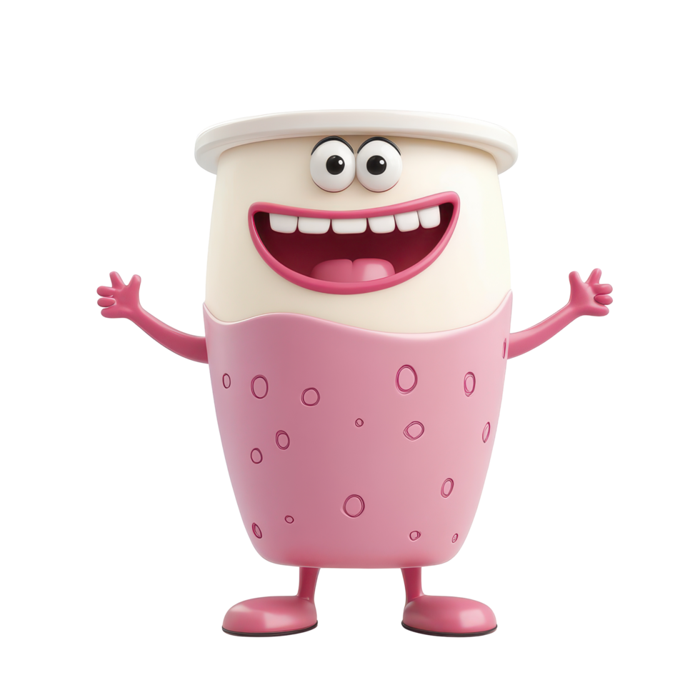 Happy animated cup character with a cheerful expression and playful demeanor in a vibrant design png