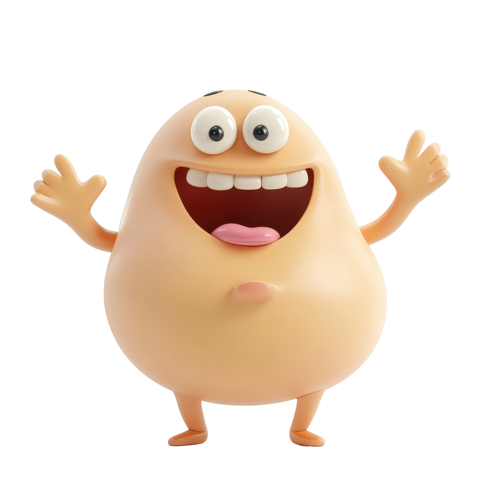 Joyful animated character with a round body and big smile waving in a cheerful pose png