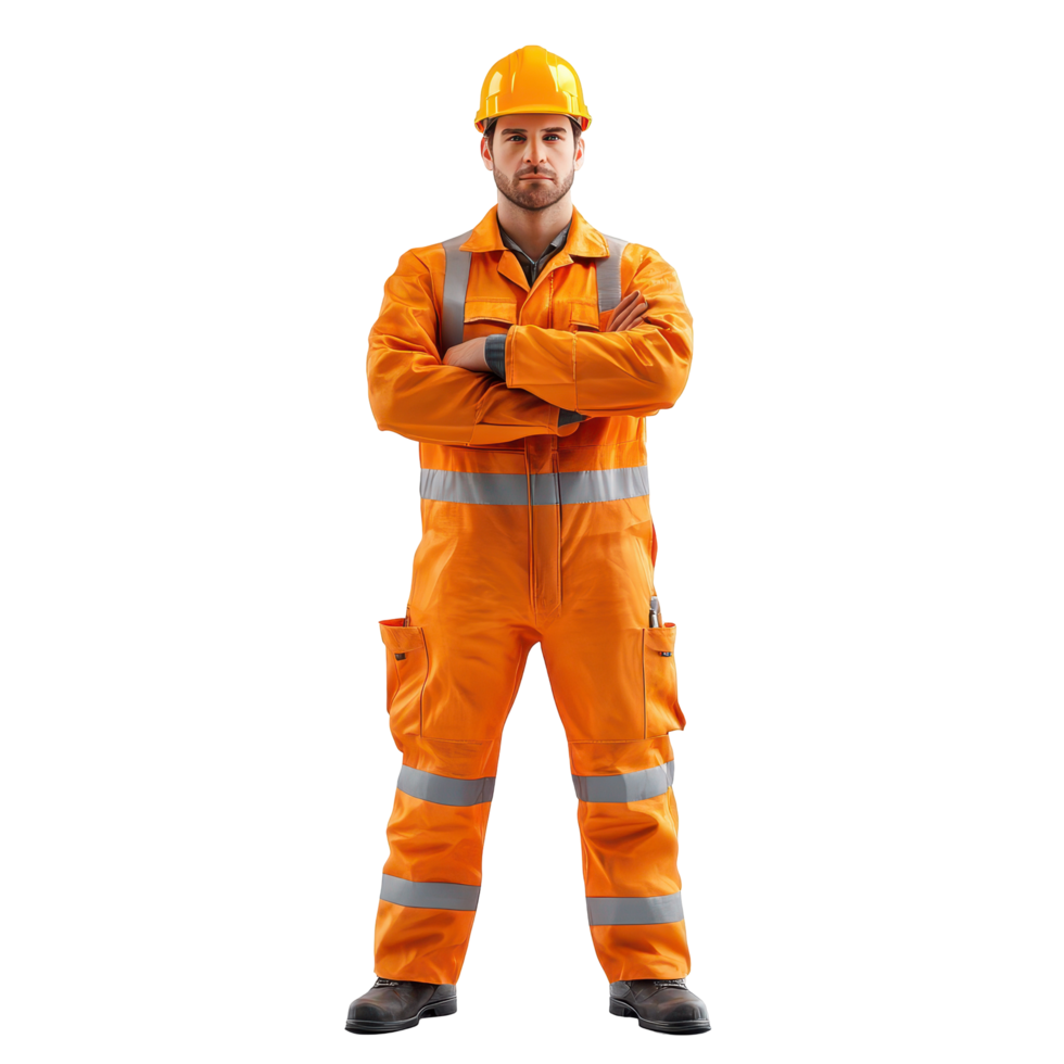 Construction worker in safety gear standing confidently against a white background during daylight hours png