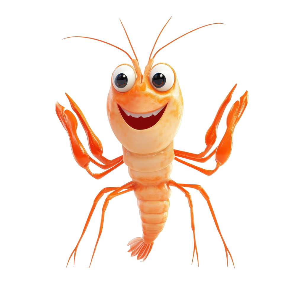Happy cartoon shrimp character with big eyes and smiling expression in a playful pose png