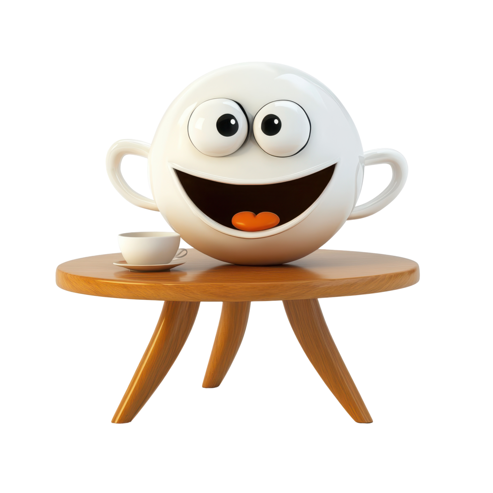 Unique smiling coffee cup character sitting on a wooden table with a small saucer in a modern setting png