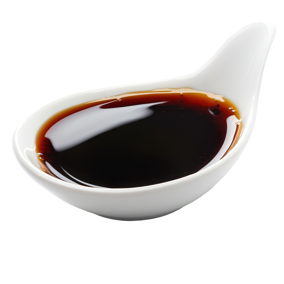 Dark sauce in a small white dish found in a dining setting suitable for Asian cuisine png